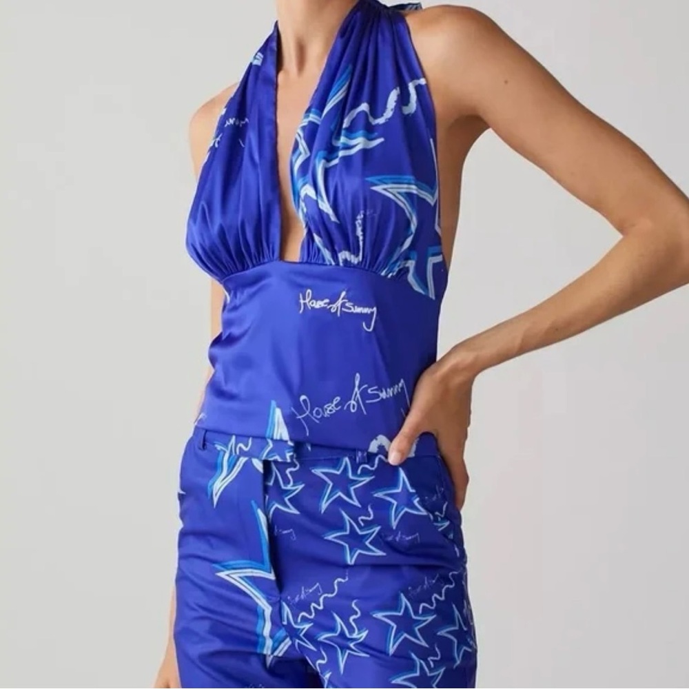 House of Sunny Blue Star Halter Top, side buttons, flaw: fabric pulls check pic